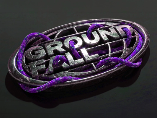 Un logo métallique "GROUND FALL" entouré de deux serpents violets sur un fond sombre.